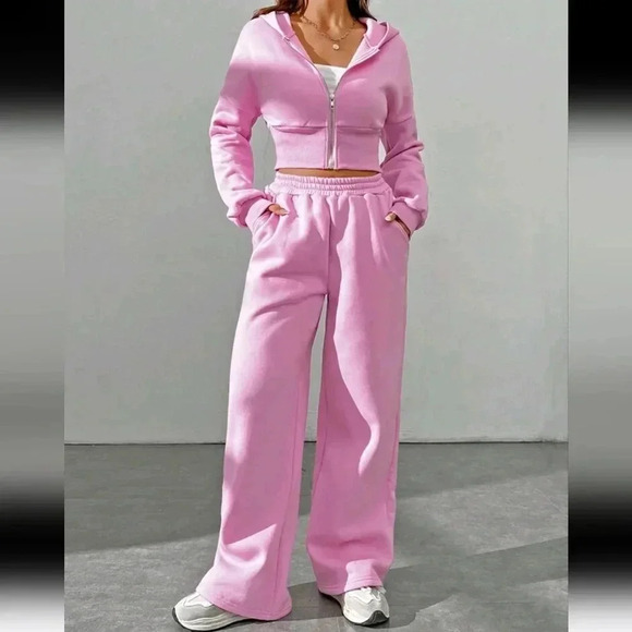 Women's Spring Fashionable Pink Zip Front Hooded Sweatshirt And Pants Two Piece - Picture 3 of 7